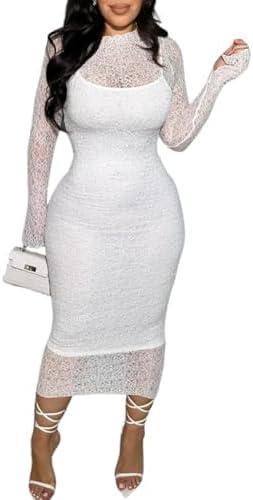 Famnbro Womens Lace Dress Long Sleeve Sexy See Through Bodycon Elegant Formal Party Cocktail 2 Piece Dresses Sets (Medium, White)