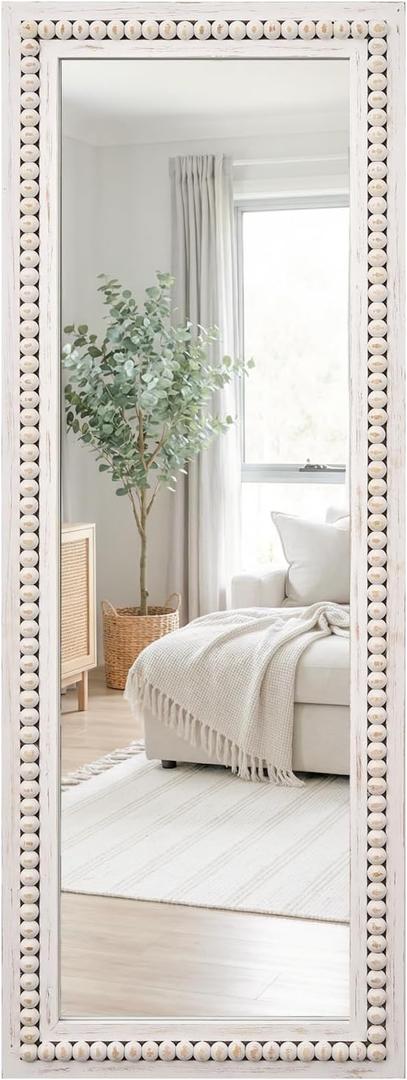 H HOMEWINS Rustic Full Length Mirror,18x48 Inch Farmhouse Boho Bathroom Full Body Nursery White Beads Decor Wall-Mounted Mirror for Bedroom, Living Room,Vanity,Entryway,Over Sink