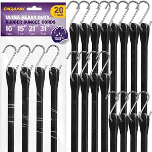 Bungee Cords with Hooks (20 Pack) Heavy Duty Outdoor Rubber Tarp Straps in 10", 15", 21", 31" Sizes, Crimped S Hooks for Securing Cargo, Bikes, Camping Gear, Luggage - Max Stretch 1.5X, Load 180 lbs