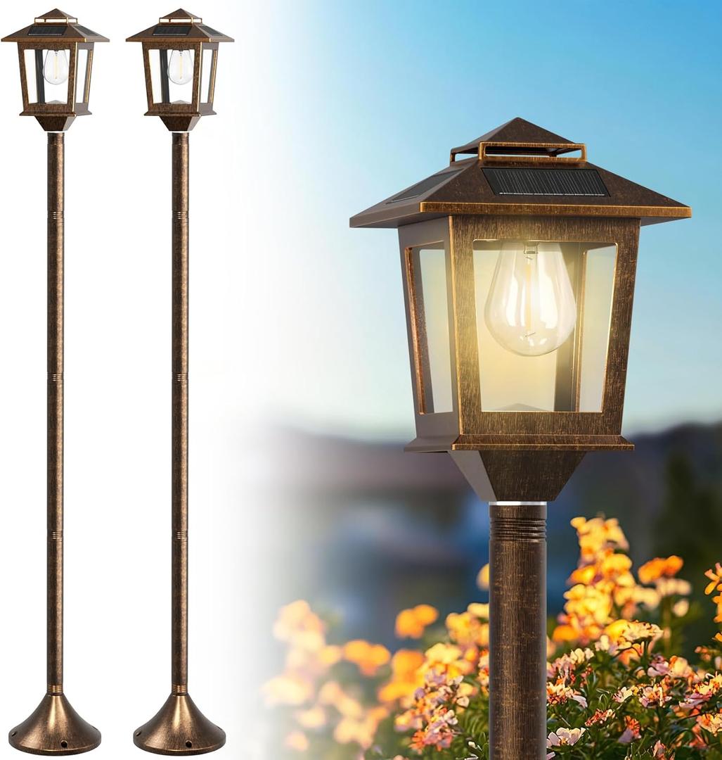 63" Aluminum Solar Lamp Post Light 2Pack, Solar Light Posts for Outside Waterproof, Outdoor Lamps for Patio, Backyard, Front Porch Decor, Warm White, Replaceable Bulb