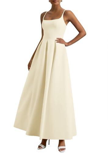 PRETTYGARDEN Cocktail Dresses for Women 2026 Spring Elegant Ruffle A Line Long Flowy Summer Formal Wedding Guest Maxi Dress (Beige,Large)