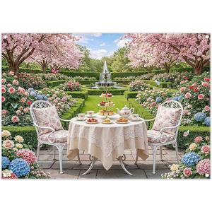 7x5ft Tea Party Garden Backdrop Spring Yard Fountain Dessert Table Floral Photography Background Girl Birthday Party Baby Shower Decorations Photo Booth Props