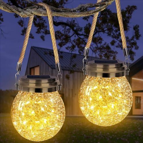 Solar Lantern Crackle Glass Ball, 1 Pack Garden Hanging Solar Lights Outdoor Waterproof Lanterns with 30 Warm White LED for Outdoor Decor Patio Yard Lawn Pathway