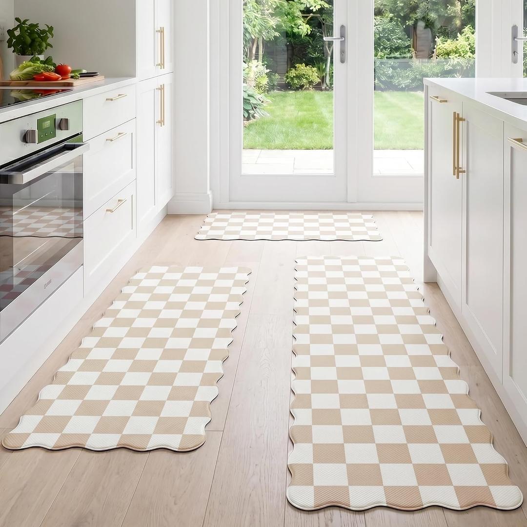 Scalloped Cream Checkered Grid Checkerboard Kitchen Rug Sets [3 PCs], Anti-Fatigue, Waterproof Non-Slip Kitchen Mats Heavy Duty Ergonomic Comfort Foam Rug for Floor, Home, Laundry,17"x29"/47"/59", 3PC-17.3"x29"+47"+59"-0.4"H