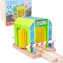 Wooden Car Wash Station with Train Truck,Expansion Pack Compatible with Railway Train Set,Wooden Toy Train Accessory for Kids Age 3 and Up