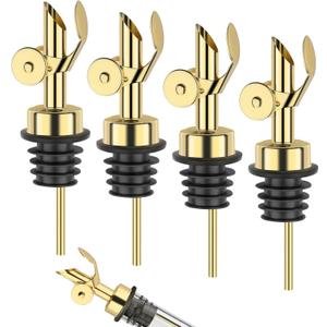 Weighted Stainless Steel Pourers, 4 Pcs Auto Flip Olive Oil Dispenser Spout, Balsamic Vinegar Alcohol Pourer Spouts, Liquor Bottle Pourers with Silicone Funnel, Gold Oil Dispenser for Kitchen