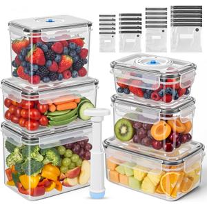 LemonRoad 33 Piece Vacuum Seal Storage Food Containers with Lids (6Containers&6 Lids&20 Sealable Bags&1 Hand Vacuum Pump), Meal Prep Containers with Lid, Airtight and Leak Proof (Black)
