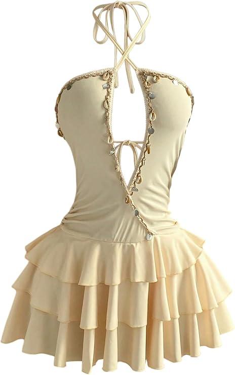 RoseSeek Women's Backless Criss Cross Mini Dress Halter V Neck Ruffle Summer Short Dresses, Size Medium