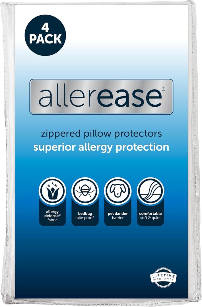 Set of 4 Standard/Queen AllerEase Pillow Protectors - Moisture Wicking, Advanced Allergy Protection - Premium Polyester, Zippered Protectors