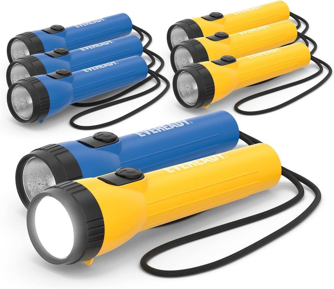 Eveready LED Flashlight (8-Pack) Bright Reliable Flashlights for General Purpose, Great for Camping, Car, Emergency Storm Power Outage Handheld Flashlight (Batteries Included) (Yellow / Blue)