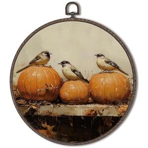 XNXLDYLH Vintage Fall Pumpkin Bird Round Framed Wall Art Decor, Cottagecore Harvest Antique Hanging Wall Decor Decorations, Rustic Fall Autumn Canvas Prints Wall Art Paintings for Living Room, 10x10In