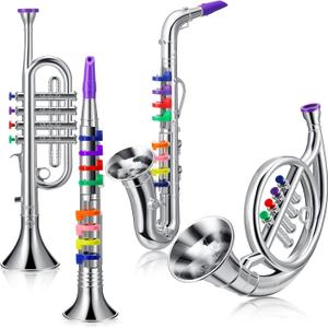 Treela Set of 4 Musical Instruments for Kids, Toy Clarinet Saxophone Trumpet and Horn Set for Beginners with over 10 Color Coded Keys, Christmas Educational Musical Gifts for Children Toddlers (Silver)