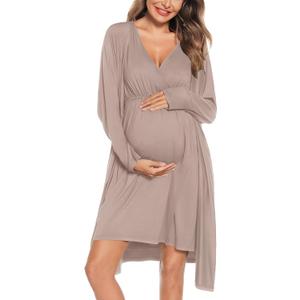 SWOMOG Women Maternity Nursing Gown and Robe Set 3 in 1 Labor Delivery Nursing Nightgown for Breastfeeding Hospital Bathrobe, Light Brown Large