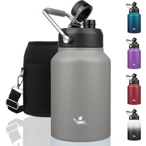 Half Gallon Jug with Handle,64 oz Insulated Water Bottle with Carrying Pouch, Double Wall Vacuum Stainless Steel Metal Bottle, Gray