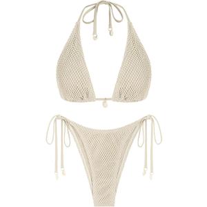 ZAFUL Women's Triangle Bikini Multiway Fishnet Tie Side Bandeau Halter String Bikini Set Two Piece Swimsuit Bathing Suits (Beige, S)