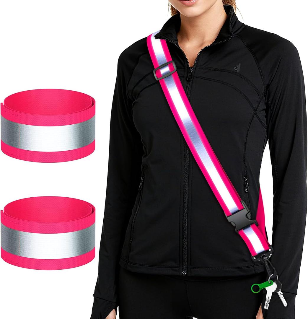 Reflective Walking Gear at Night, High Visibility Safety Reflective Sash Belt and 2-Pack Armband Set, Night Running Safety Gear for Women Men Kids (Pink)