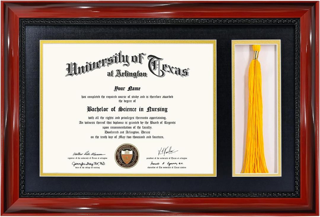 GMFrames 8.5x11 Diploma Frame with Tassel Holder, Solid Wood & Tempered Glass, Black over Gold Mat,Cherry Finish with Intricate Black Rope Detail, 11x17 for 8.5x11 with Tassel