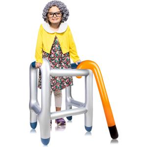 2 Pcs Inflatable Walker and Cane, 100th Day of School for Old Age Costume Prop, Blow Up Walker Cane Funny Gag Gifts for Halloween Christmas Costume