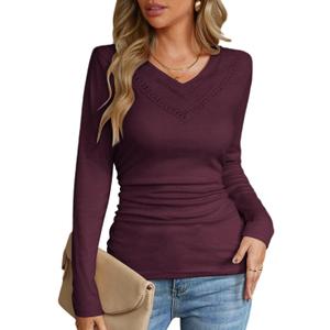 CiCiBird Women's V Neck Long Sleeve Blouse Lace Patchwork Slim Fit T Shirt Casual Fall Clothes (Purple, M)