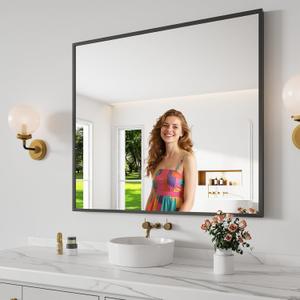 Bathroom Mirror 36"x40" Matte Black Rectangle Bathroom Wall Mirror for Over Sink, Modern Large Vanity Mirror, HD Tempered Glass, Anti-Rust Aluminum Alloy Frame, for Living Room, Bedroom, Entryway (Square Edged)