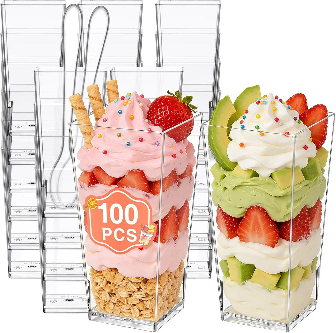 Eupako 3 oz Plastic Dessert Shooter Cups with Spoons - 100 Pack Mini Clear Square Appetizer Cup, Small Dessert Cup for Jello Shots, Parfait, Puddings, Mousse