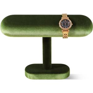 Resilient Velvet Watch Display Stand, T-Shape Jewelry Holder For Bracelet Necklace, Jewellery Store Retail Countertop Display Rack (Green, Semi-Flat)