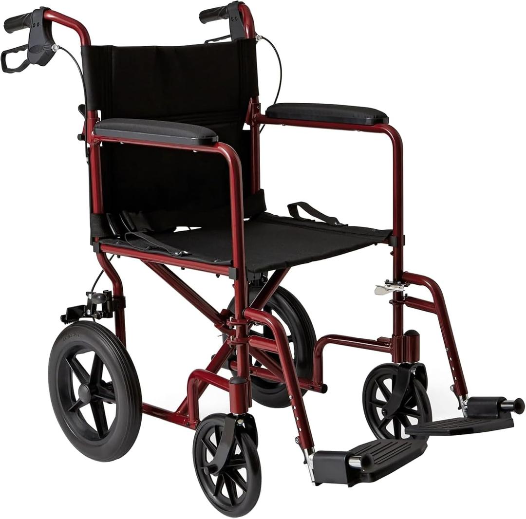 Medline Lightweight Foldable Transport Wheelchair with Handbrakes and 12-Inch Wheels, Red Frame, Black Upholstery