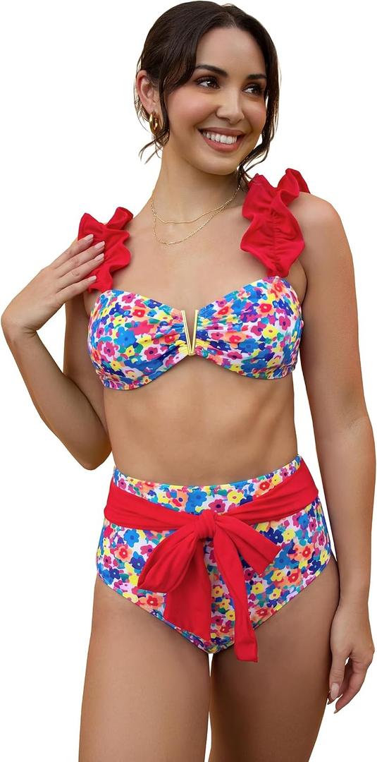 Women High Waisted Swimsuit Flounce Straps Bikini Tie Back Bathing Suit | Removable pads, soft material, fully lined (S)