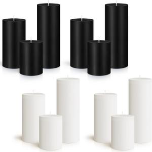 Sumind Set of 12 Pillar Candles Bulk 3"x 4", 6", 8" Dripless Unscented Poured Candles Long Clean Burning Tapers for Wedding Rustic Party Spa Bath Home Decor Relaxation All Occasions(Black, White) (Multicolor)