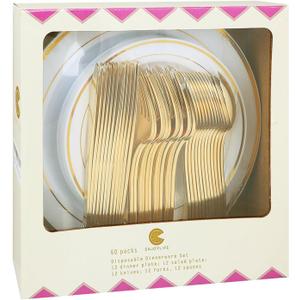 Supernal 60pcs Gold Plastic Dinnerware Set Includes Gold Plastic Plates and Disposable Silverware,Disposable Party Plates and Flatware Service for 12 Guests,Perfect for Birthday,Party,Wedding