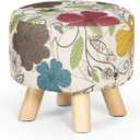 Asense Small Round Ottoman Foot Rest Stool Linen Padded Seat Footstool Ottoman with Anti-Slip Wooden Legs (Flower,Linen)