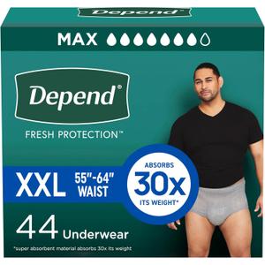 Depend Fresh Protection Adult Diapers, Incontinence Underwear for Men, Disposable, Maximum, Extra-Extra-Large, Grey, 44 Count (2 Packs of 22), Packaging 