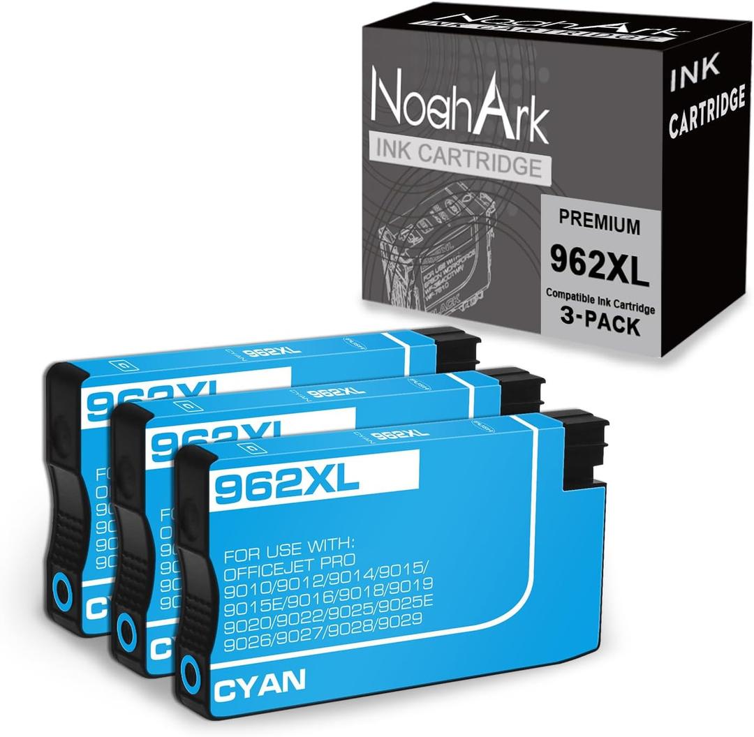NoahArk 3 Pack 962XL Remanufacture Ink Cartridge Replacement for 962 962XL High-Capacity use for OfficeJet Pro 9010 9012 9015 9015e, 9018 9020 9025 9025e, 9026 9027 9028 9029 Printer (3 Cyan)