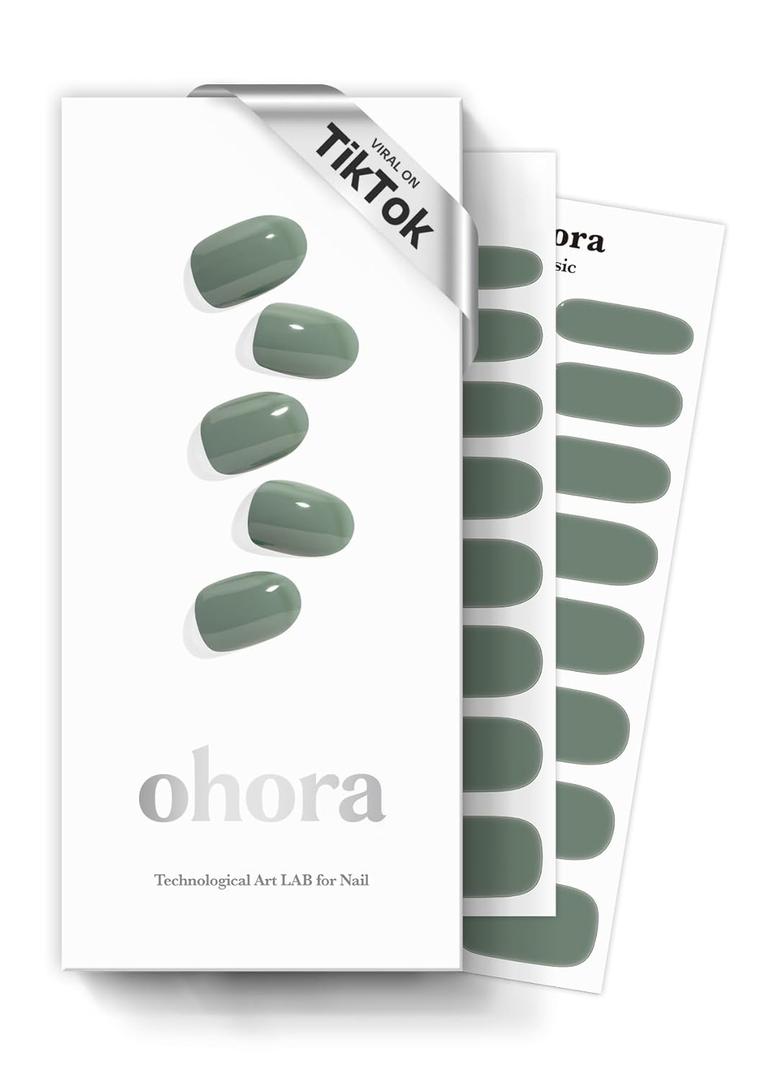 ohora Semi Cured Gel Nail Strips (N Cream Leaf) - Green, Solid, Works with Any UV/LED Lamps, Salon-Quality, Long Lasting, Easy to Apply & Remove - Includes 2 Prep Pads, Nail File & Wooden Stick