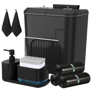 Hanging Trash Can with Lid, Black Bathroom Accessories Set Incluced 3.9 Gallon Small Kitchen Compost Bin, Soap Dispenser with Sponge Holder, Sponges and Trash Bags for Cupboard/Kitchen Bedroom