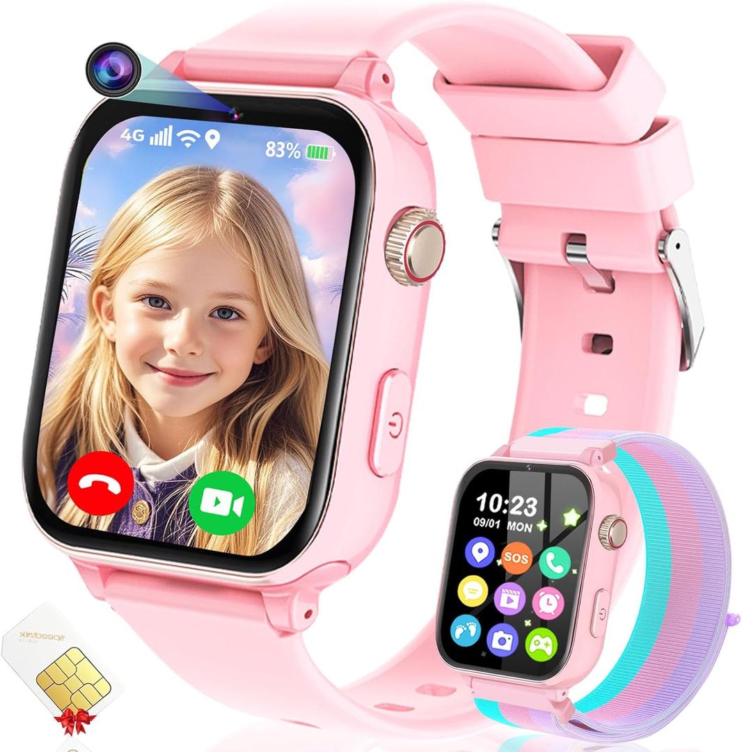 4G Kids Smart Watch GPS Tracker, Smartwatch for Kid with Video Calling, Voice Chat, Class Mode, SOS , Pedometer, Alarm, SIM Card HD Touch Screen Phone Watch Gift for 4-12 Girls Boys (Light Pink)