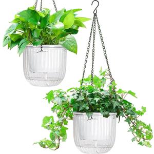 Melphoe 2 Pack Self Watering Hanging Planters Indoor Flower Pots, 6.5 Inch Outdoor Hanging Plant Pot Basket, Plant Hanger with 3Hooks Drainage Holes for Garden Home (White)