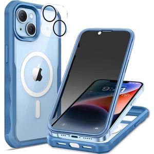 seacosmo for iPhone 14 Plus Case, Full Body Bumper with Built-in 9H Tempered Glass Privacy Screen and Camera Lens Protector, Compatible with MagSafe, Shockproof 14 Plus Phone Case, 6.7", Blue