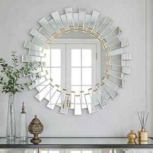 MYOTA Round Decorative Mirror - 26" Sunburst Sun Mirrors for Wall Decor with Gold 3D Beveled Glass Frame, Modern Wall Art Accent for Living Room, Bedroom, Fireplace, Entryway, Dining Room