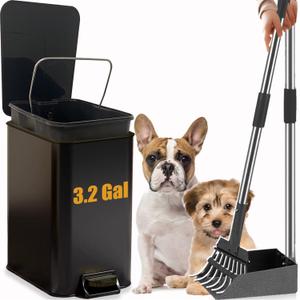 Metal Dog Pooper Scooper for Yard - 3.2Gal Dog Poop Trash Can Outside with Pedal - Pet Waste Container Outdoor - Stainless Steel Garbage Bucket with Lid - Black Trash Bin, Long Handle Tray and Rake