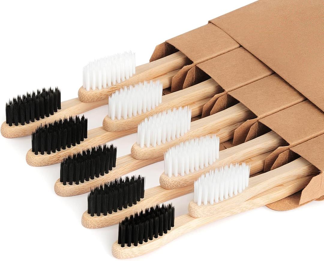 NUDUKO Bamboo Toothbrushes Biodegradable Toothbrush 10 Pack - Eco-Friendly, Natural Wooden Tooth Brush, BPA Free Travel Size Organic Soft Bristle Toothbrush, Soft Toothbrushes for Adults (Black&white)