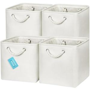 OrganiHaus 11x11 Cube Storage Bins 4 pack, Foldable Cube Storage Organizer w/ Rope Handles, Collapsible Fabric Bins for Toys, Clothes & Closet Organization, Fabric Square Baskets - Off-White