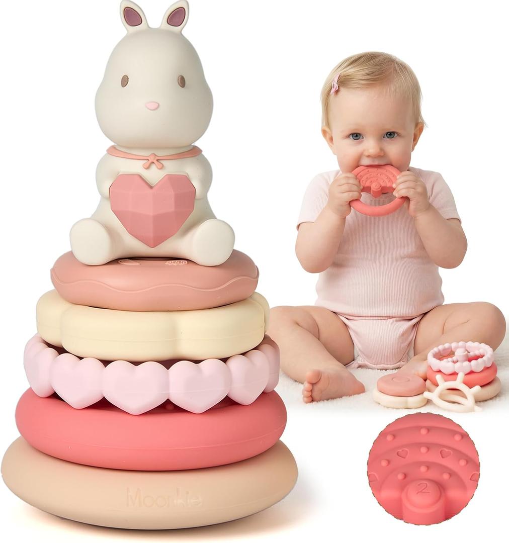 Moonkie Bunny Baby Stacking Toys | 7-Piece Silicone Rings for Teething Relief | Educational Toy for Infants & Toddlers 6 Months+ | Baby Shower or Birthday Gift for Girls