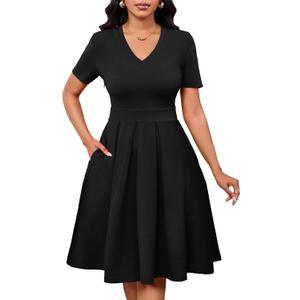 MarryUP Women Summer Short Sleeve Dress V Neck Semi Casual Fit and Flare Church Wedding Guest Work Dresses with Pockets, Black, L