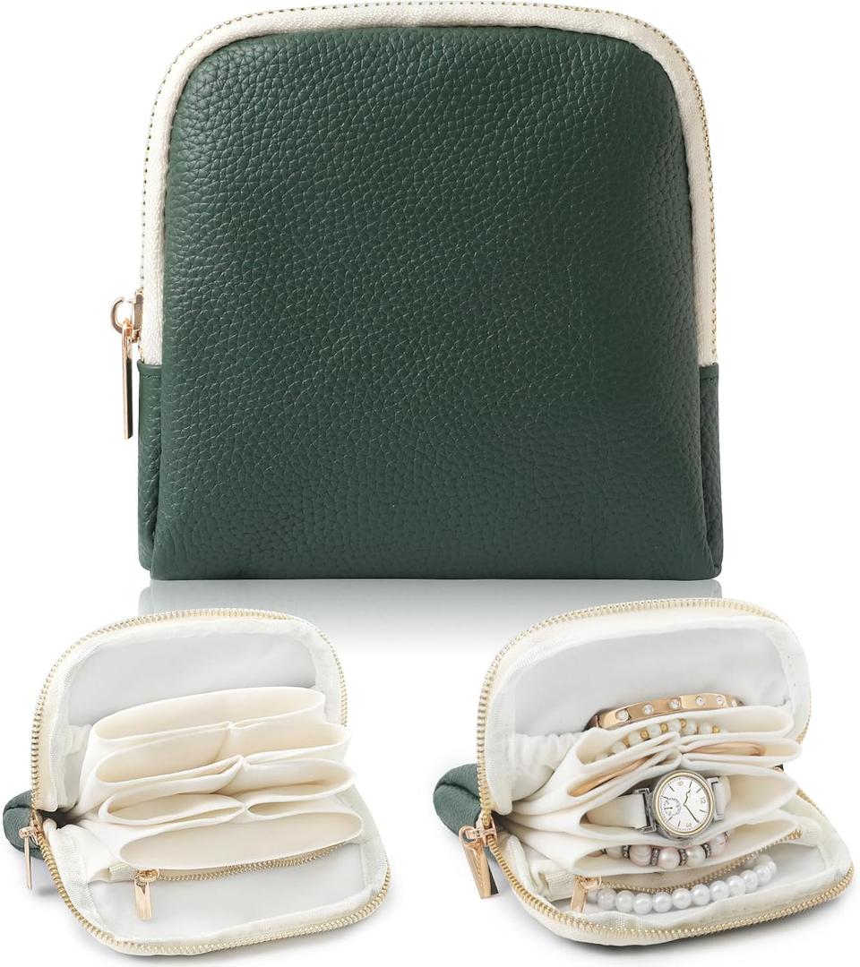 Genuine Leather Travel Jewelry Organizer Case Pouch Bags with Zipper, Small Mini Portable Jewelry Storage Bag for Ring Earrings Necklace Bracelet Travel Essentials Gift for Women（Dark Green）