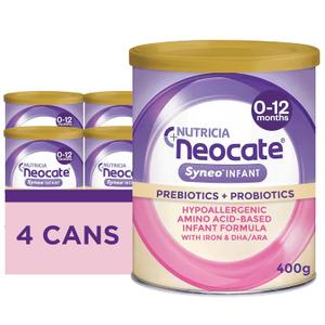 Neocate Syneo Infant - Hypoallergenic, Dairy-free, Amino Acid-Based Baby Formula with Prebiotic Fiber, Probiotics & DHA/ARA - Food Allergy-Friendly Formula - 14.1 oz (Pack of 4), Best by  March 25/2027