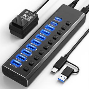 10-Port Powered USB Hub 3.2 10Gbps USB-A 3.2 + 2 USB-C 3.2 + 7 USB 3.0 Ports with Individual Switches & 12V Adapter for Laptop, MacBook, PC, Gaming