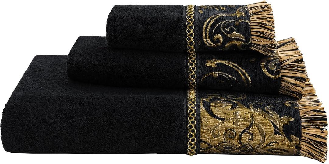 Loom and Mill Luxury Cotton Bath Towel Set 3 Piece-1 Bath Towel 1 Hand Towel 1 Wash Cloth, Ultra Soft Decorative Towel Sets Highly Absorbent for Bathroom, Classic Damask Design(Black+Copper Bronze)