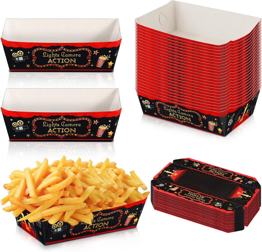Tegeme 30 Pieces Medium Movie Night Snack Trays Party Supplies Red Nacho Paper Food Trays Movie Theme Decoration Popcorn Paperboard Holder for Theater Birthday Party Favors