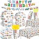Transportation Birthday Decorations, Traffic Transportation Party Supplies Tableware, Plate, Napkin, Cup, Cutlery, Tablecloth, Banner, Truck Car Construction Vehicle Party Decorations, Serve 24